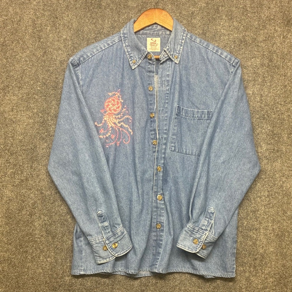 Open Trails‎ Denim Shirt Mens Medium Blue Pink Embroidered Jellyfish Button Down